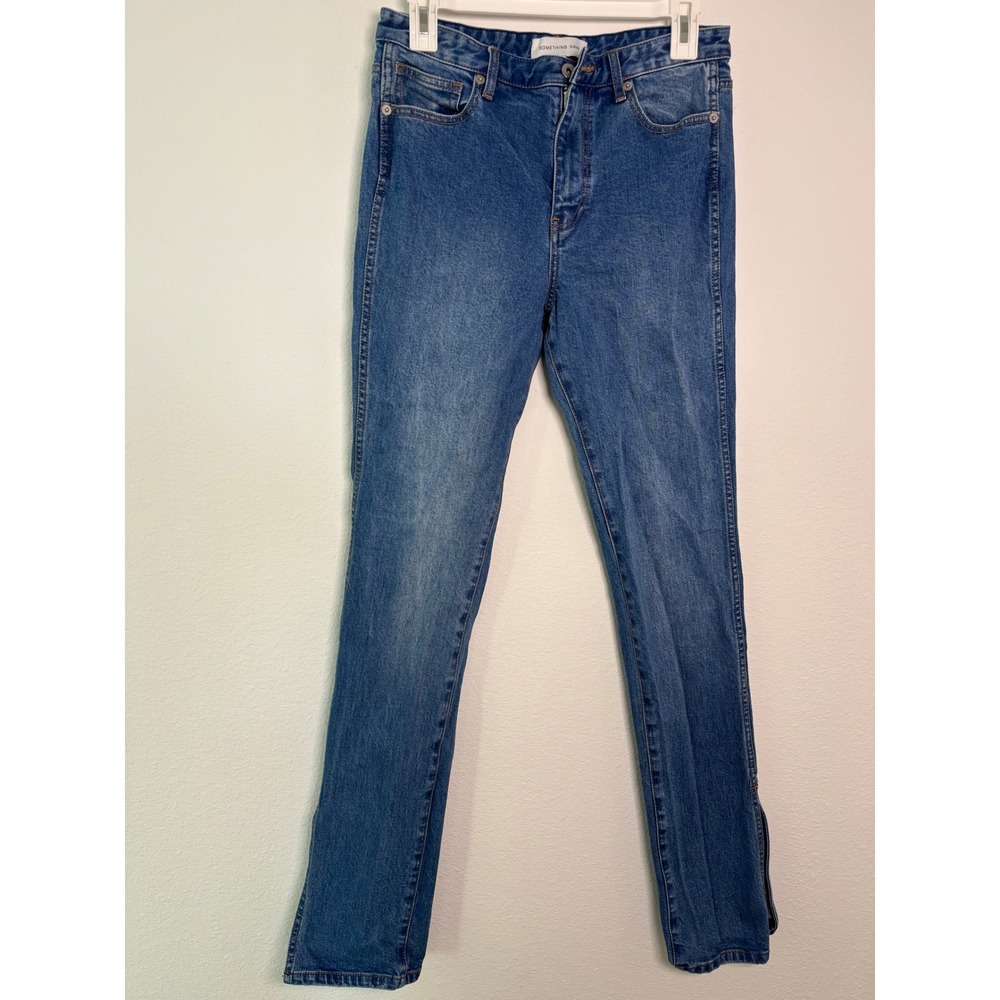 Something Navy Womens High Rise Skinny Jeans Blue‎ Side Zip Ankle Slit Size 8